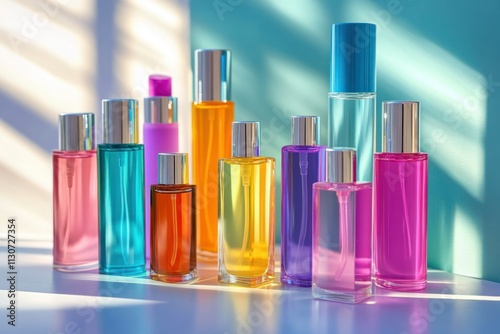 Colorful Bottles of Fragrance on a Bright Background