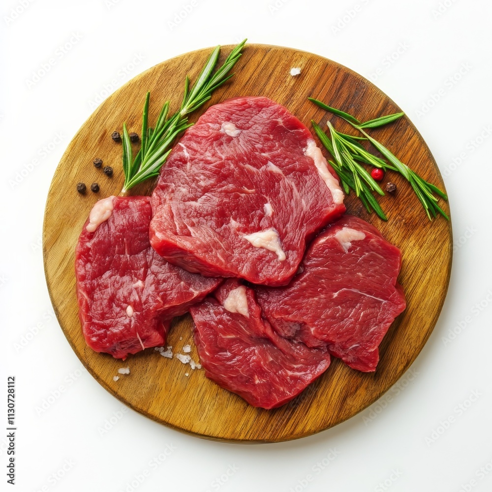 Fototapeta premium Raw beef on a cutting board with white backdrop