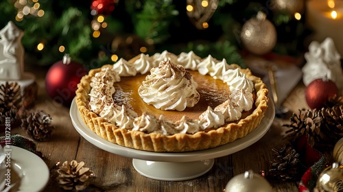 Festive pumpkin pie with whipped cream on wooden table.