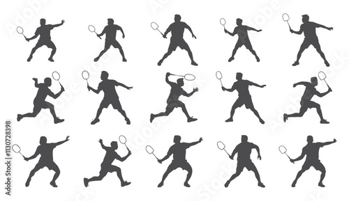 set of silhouettes badminton playing vector on white background