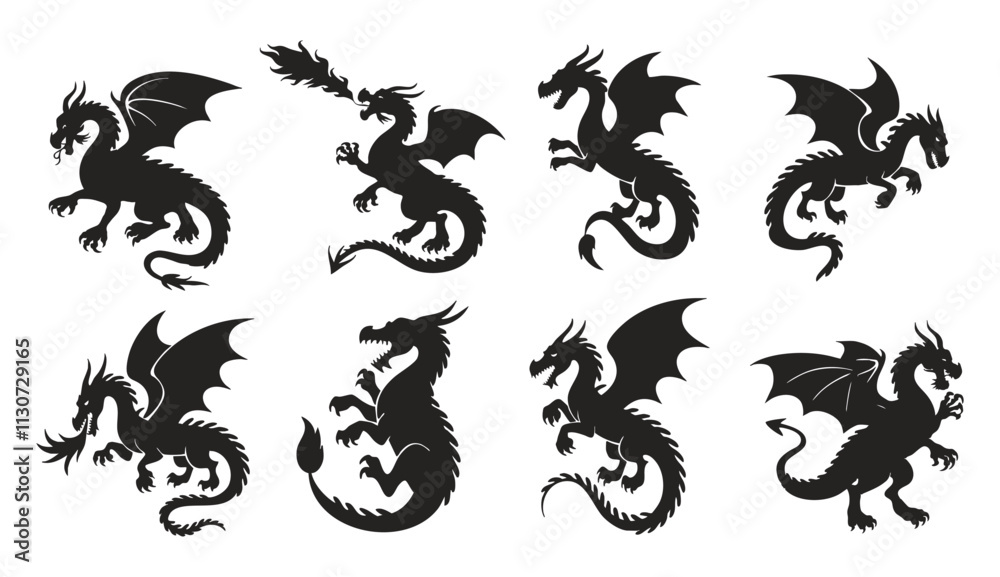 Fototapeta premium black and white Chinese tattoo dragon set icon vector silhouette on white background