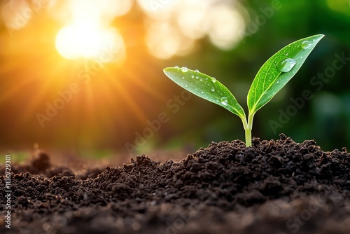 A small sprout emerges from moist soil, illuminated by warm sunlight, symbolizing growth and renewal in nature.