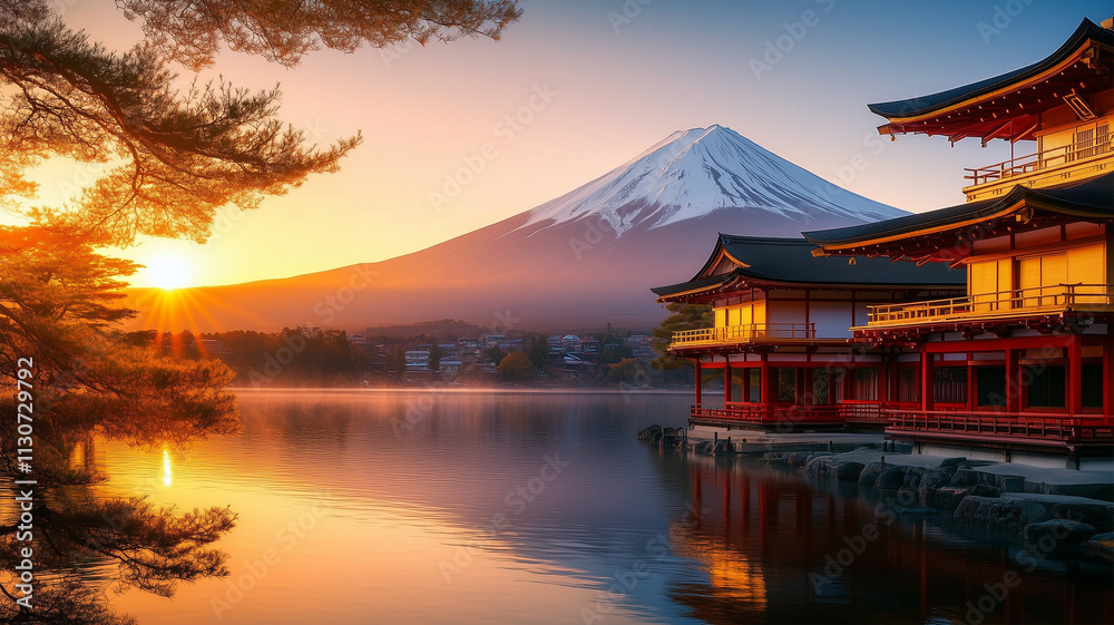 Obraz premium 新年を迎える富士山と初日の出の光