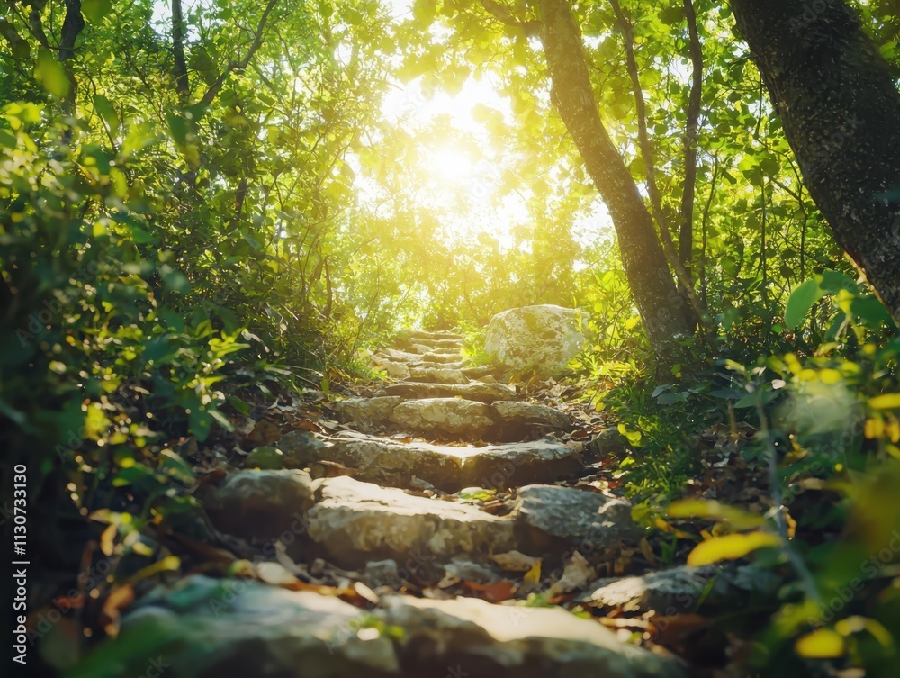Fototapeta premium Exploring the enchanted forest path a serene journey through sunlit leaves and nature's embrace