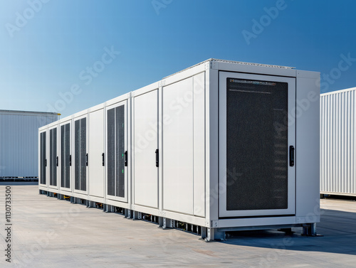 Modular data center pods in clear blue sky, showcasing modern technology
