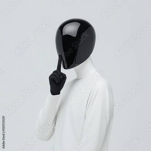 Faceless figure in white with black reflective mask photo