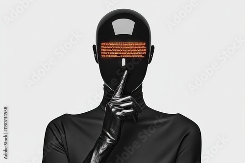 Dark figure with digital visor displaying orange text. photo