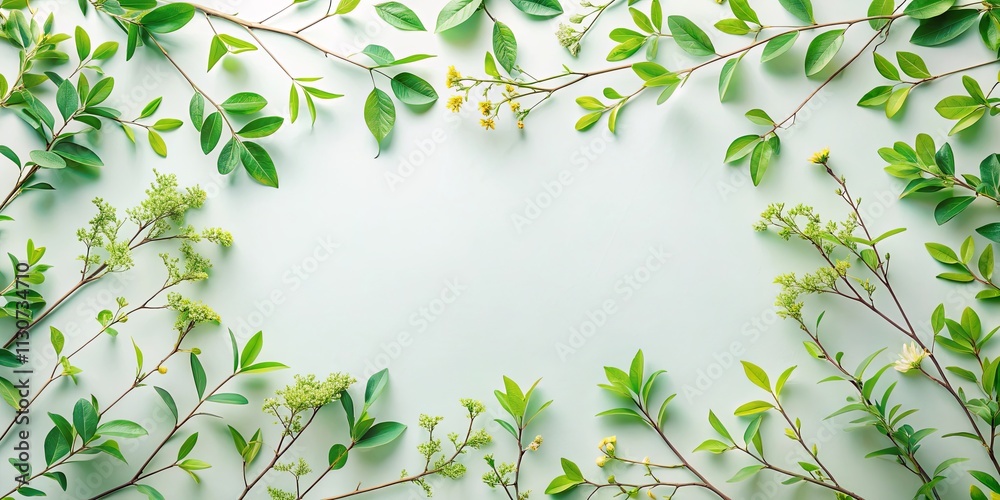 Obraz premium Fresh Spring Greenery Frame with Delicate Blossoms and Lush Foliage on a Soft Green Background