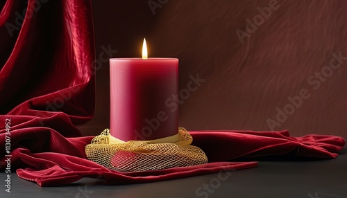 Dark red candle wrapped in golden netting, with rich velvet textures for a luxurious feel. photo