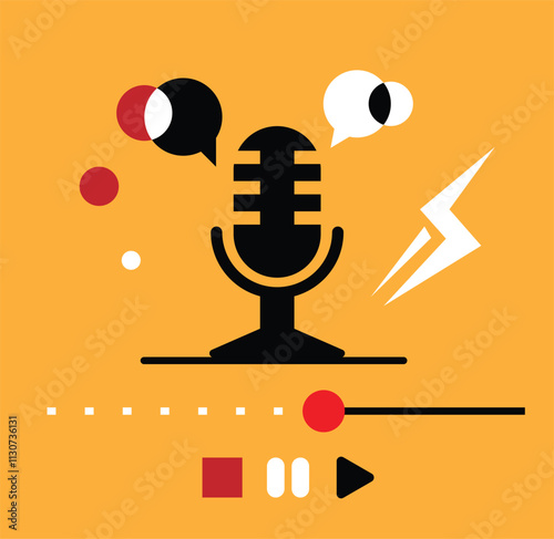 Microphone with Speech Bubbles and Playback Buttons Colorful Podcast Poster. Audio podcasts and listening to music concept vector illustration