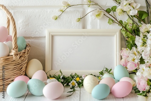 A pastel-toned Easter-themed background with eggs, bunnies, and flowers, designed with an open space for adding text or messages.

 photo