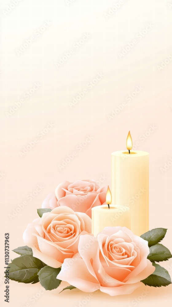 Obraz premium A serene arrangement of soft pink roses and lit candles on a gentle background, creating a calming and romantic atmosphere.