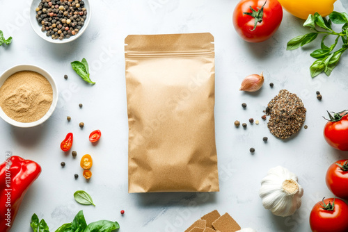 Wallpaper Mural Brown paper pouch surrounded by fresh vegetables and seasonings on white background Torontodigital.ca