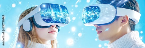 White VR headsets reflect futuristic urban scenes photo