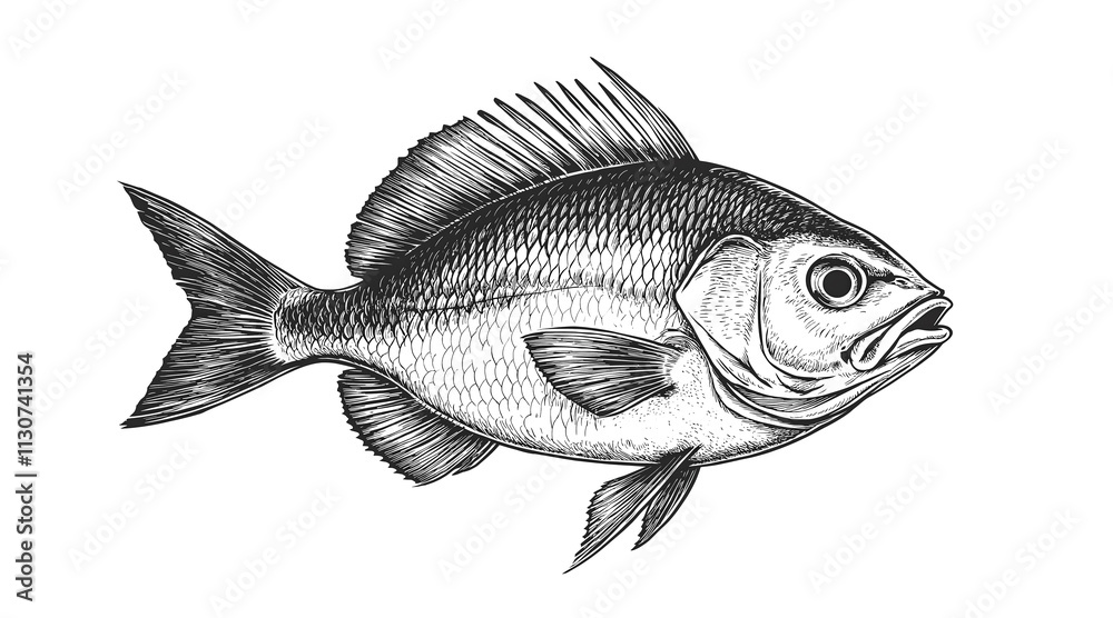 Obraz premium Fish sketch dorado gilt-head bream. Vintage retro print, black white gilt-head bream fish sketch ink pencil style drawing, linear drawing, engrave old school. Sketch artwork dorado fish. Illustration