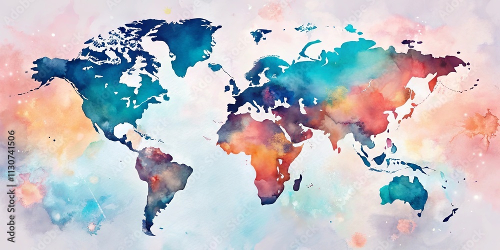 Fototapeta premium Artistic Watercolor World Map with Soft Hues and Celestial Elements