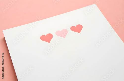 Clean and modern design featuring three colorful hearts on plain white with pastel tones, ideal for Valentine's Day or wedding-themed materials. Selective focus