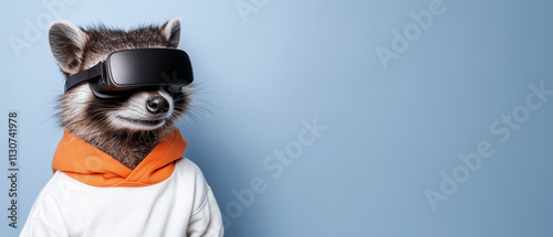 Raccoon with VR Headset on Blue Background: Funny Animal with Virtual Reality Headset and Hoodie on Pastel Blue Backdrop - Banner with Copy Space