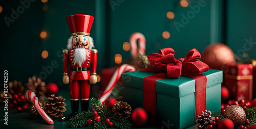 Christmas nutcracker figurine and gift box on green background.