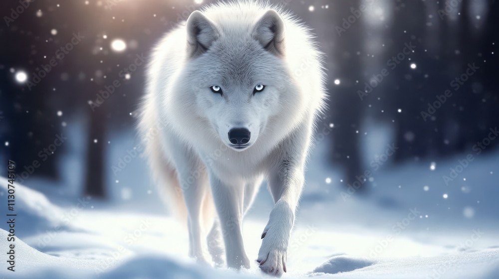 Obraz premium The serene beauty of a lone wolf amidst winter snowfall.