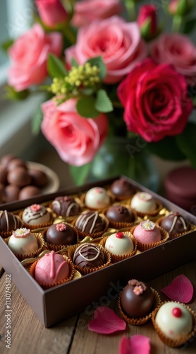 A box of assorted chocolate truffles is elegantly arranged on a wooden table, complemented by a bouquet of vibrant pink roses in a vase