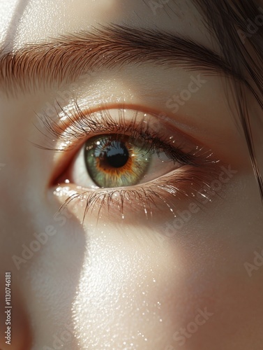 Close-up of a Chinese girl's eye, showcasing herbeautiful eyes with long eyelashes and thickeyebrows.Her pale skin is depicted in a neutraltone,emphasizing a photorealistic style. Thescene captures re photo