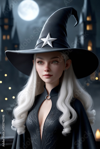 Enchanting Young Witch with Silver Hair in Moonlit Fantasy Castle Scene