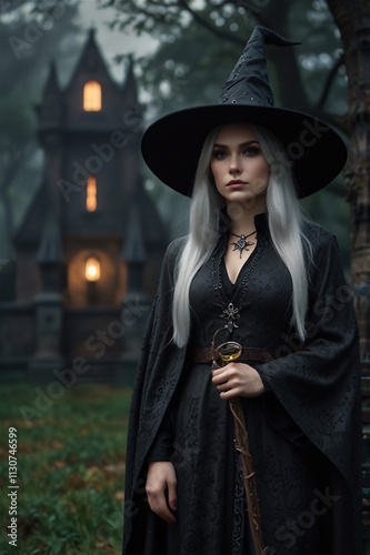 Enchanting Young Witch with Silver Hair in Moonlit Fantasy Castle Scene