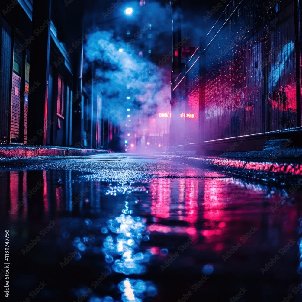 Obraz premium mysterious alleyway at night with neon lights and reflections