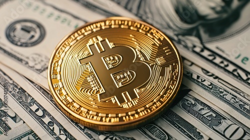 Bitcoin dominance trading bots Concept. Golden Bitcoin on a background of US dollar bills.