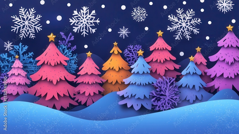 Fototapeta premium A Festive Winter Wonderland Papercut Christmas Tree Scene with Falling Snowflakes