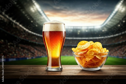 Glass of Beer and Chips at the Stadium