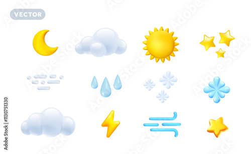 Vector forecast weather illustration of shine icon set with sun, cloud, crescent moon, star, wind symbol, rain drop, snowflake and lightning strike. 3d cartoon style weather element design