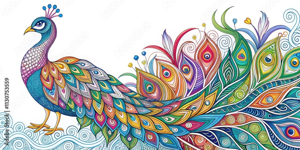 Fototapeta premium Adult Coloring Book Page: Abstract Peacock Line Art Doodle
