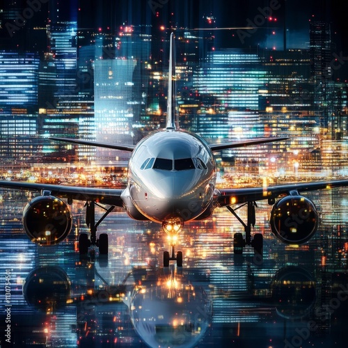 Nighttime cityscape with plane silhouette. photo