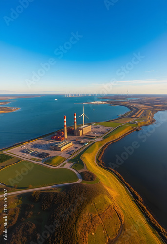 Areal view of Amager Bakke, Slope or Copenhill, incineration plant, heat and power waste-to-energy plant and offshore wind turbines power in the Baltic Sea, colorful, with white tones