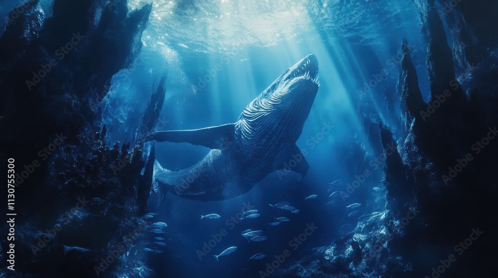 Fototapeta premium A breathtaking underwater scene of a ferocious megalodon attacking a shoal of fish, set in deep blue ocean waters with sunlight streaming through, emphasizing the size and power of the predator
