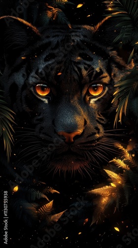 A striking black leopard with intense eyes, surrounded by dark foliage and glowing elements.