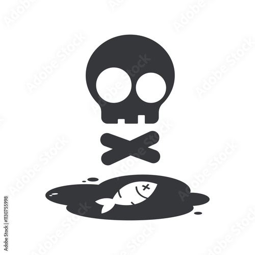 Isolated pictogram dangerous environment, with dead fish, plant, tree on polluted water area