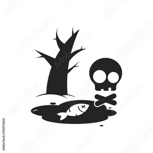 Isolated pictogram dangerous environment, with dead fish, plant, tree on polluted water area