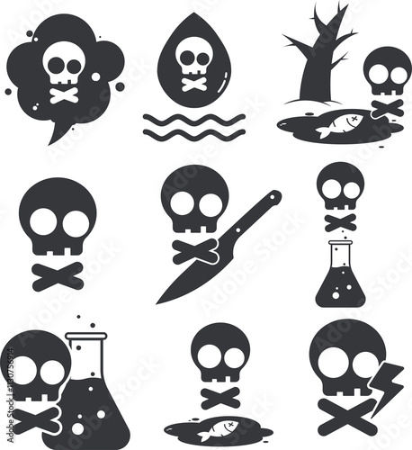 Bundle set dangerous icon, gas, water, polluter river, knife, crime, laboratory, high voltage electric sock caution
