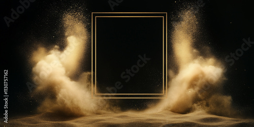 Golden luxury glowing rectangular double frame with gold dust on the black background, elegant backdrop, award ceremony banner.