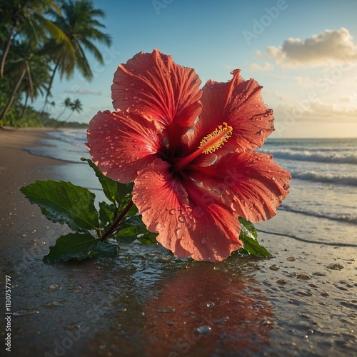 A giant hibiscus flower drenched in morning dew, with a tropical beach in the background.