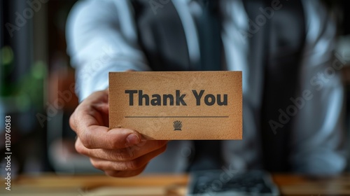 Close-up of a hand offering a thank you card.