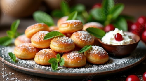Golden mini pancakes dusted with powdered sugar, garnished with fresh mint, and served with whipped cream and cranberries on a rustic plate