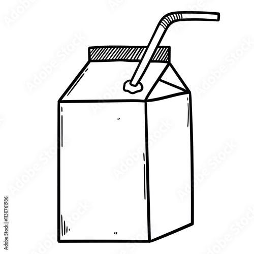 Hand drawn doodle juice carton with straw on white background.