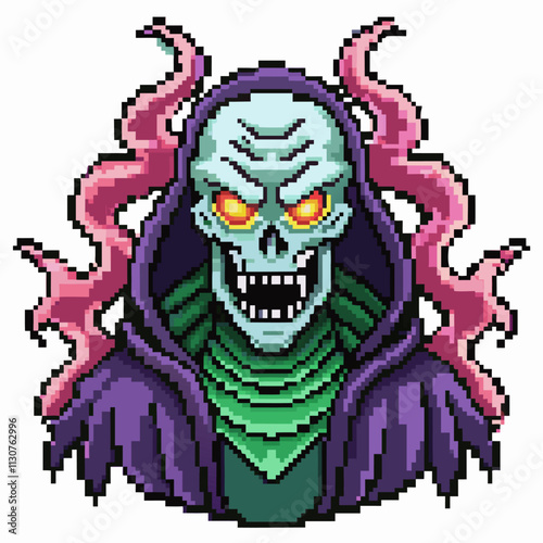 Pixel Art Demonic Skull with Glowing Eyes and Tentacles in Retro Style