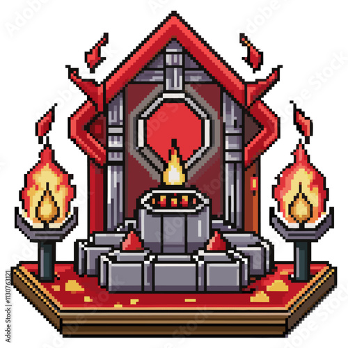 Pixel Art Fantasy Shrine with Torches and Fire Altar in Retro Game Style