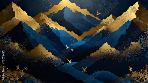 A mesmerizing 3D modern art mural wallpaper presents a dark blue and golden wave background. The intricate details and vibrant colors bring the scene to life, making it a stunning focal point.