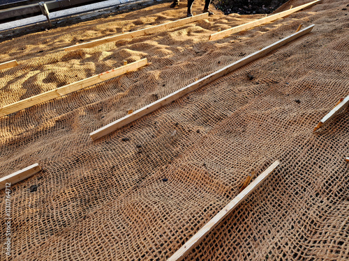 Slope stabilization by vegetation planting of shrubs. so that the mulch bark does not slide down by erosion, the whole hill is supported by planks and metal nails photo